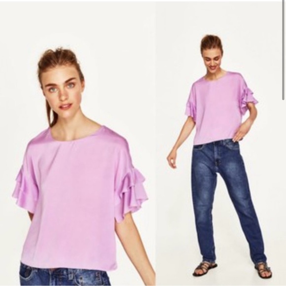 Zara Purple Ruffle Sleeve Top in Lilac - Picture 2 of 6